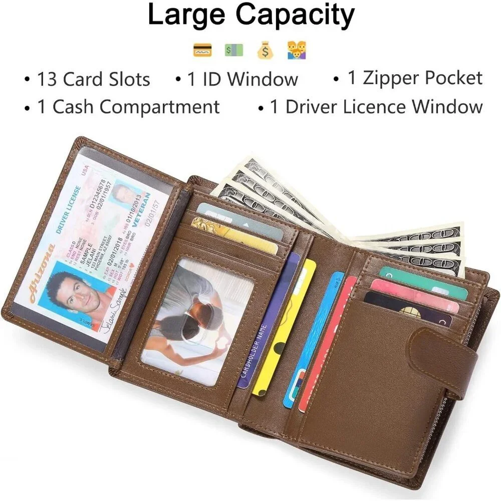 Men's F-Brown Genuine Leather Bifold Wallet Blocking Credit Card Coin Pocket